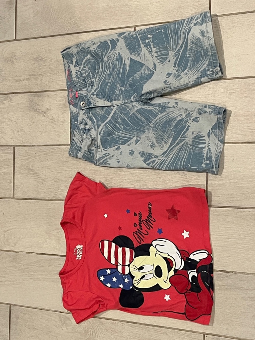 Place Red Minnie Mouse Top with Blue Tie-Dye Shorts